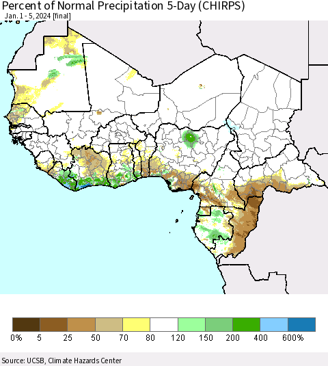 Western Africa Percent of Normal Precipitation 5-Day (CHIRPS) Thematic Map For 1/1/2024 - 1/5/2024