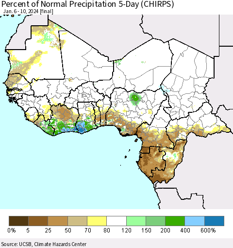 Western Africa Percent of Normal Precipitation 5-Day (CHIRPS) Thematic Map For 1/6/2024 - 1/10/2024