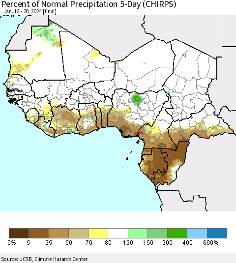 Western Africa Percent of Normal Precipitation 5-Day (CHIRPS) Thematic Map For 1/16/2024 - 1/20/2024