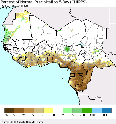 Western Africa Percent of Normal Precipitation 5-Day (CHIRPS) Thematic Map For 1/21/2024 - 1/25/2024