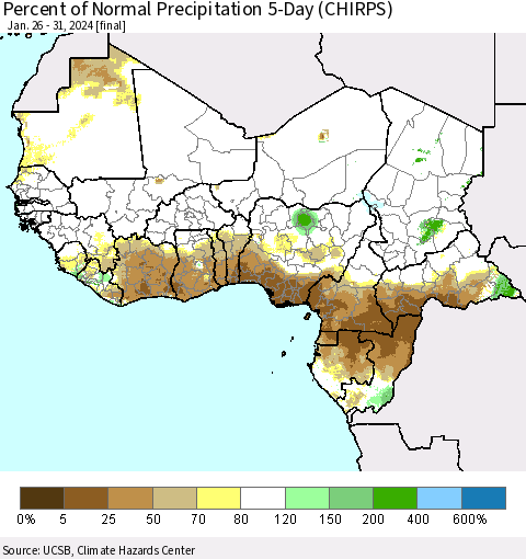 Western Africa Percent of Normal Precipitation 5-Day (CHIRPS) Thematic Map For 1/26/2024 - 1/31/2024