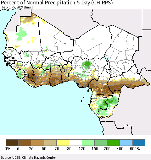 Western Africa Percent of Normal Precipitation 5-Day (CHIRPS) Thematic Map For 2/1/2024 - 2/5/2024