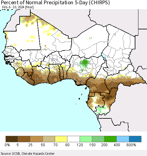 Western Africa Percent of Normal Precipitation 5-Day (CHIRPS) Thematic Map For 2/6/2024 - 2/10/2024