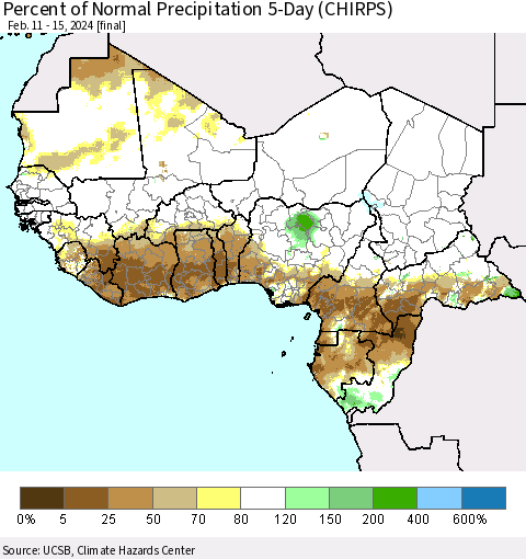 Western Africa Percent of Normal Precipitation 5-Day (CHIRPS) Thematic Map For 2/11/2024 - 2/15/2024