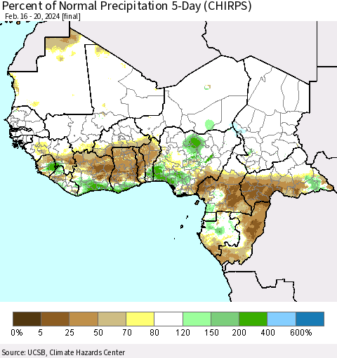 Western Africa Percent of Normal Precipitation 5-Day (CHIRPS) Thematic Map For 2/16/2024 - 2/20/2024