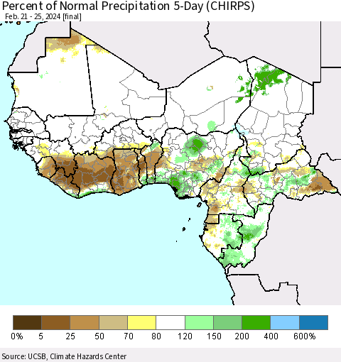 Western Africa Percent of Normal Precipitation 5-Day (CHIRPS) Thematic Map For 2/21/2024 - 2/25/2024