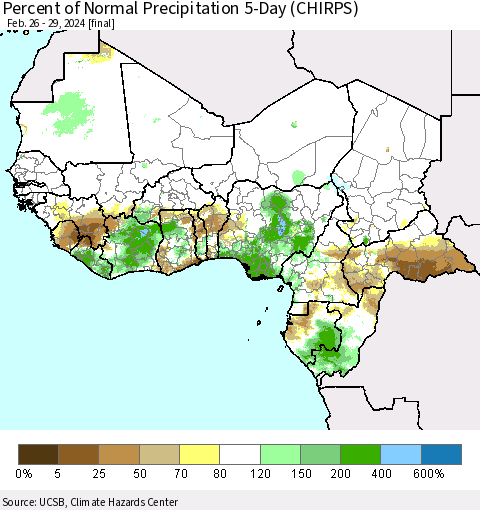 Western Africa Percent of Normal Precipitation 5-Day (CHIRPS) Thematic Map For 2/26/2024 - 2/29/2024