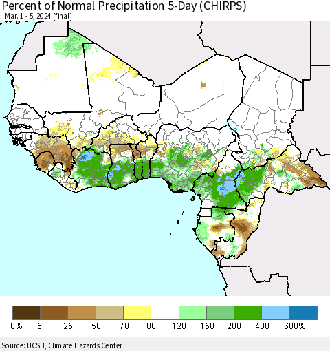 Western Africa Percent of Normal Precipitation 5-Day (CHIRPS) Thematic Map For 3/1/2024 - 3/5/2024
