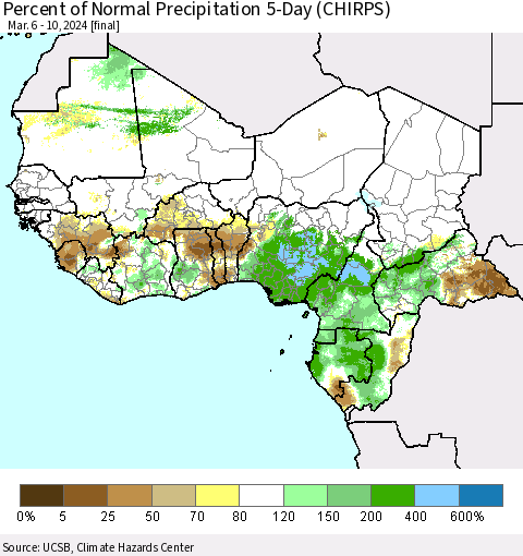Western Africa Percent of Normal Precipitation 5-Day (CHIRPS) Thematic Map For 3/6/2024 - 3/10/2024
