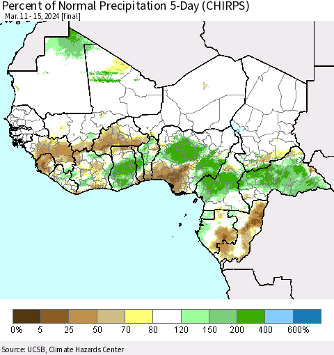 Western Africa Percent of Normal Precipitation 5-Day (CHIRPS) Thematic Map For 3/11/2024 - 3/15/2024