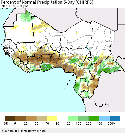 Western Africa Percent of Normal Precipitation 5-Day (CHIRPS) Thematic Map For 3/16/2024 - 3/20/2024