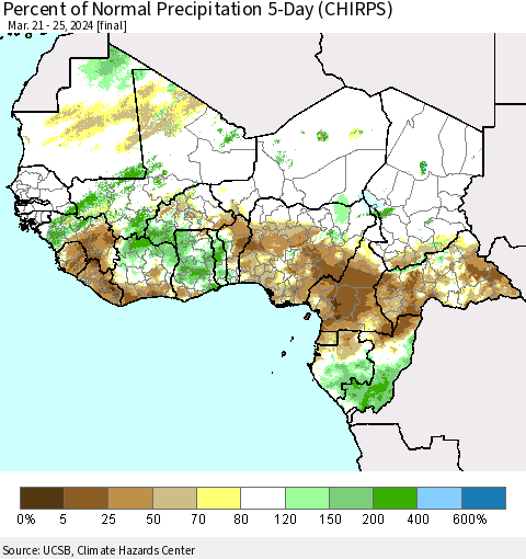 Western Africa Percent of Normal Precipitation 5-Day (CHIRPS) Thematic Map For 3/21/2024 - 3/25/2024