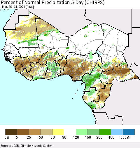 Western Africa Percent of Normal Precipitation 5-Day (CHIRPS) Thematic Map For 3/26/2024 - 3/31/2024
