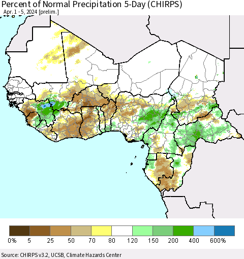 Western Africa Percent of Normal Precipitation 5-Day (CHIRPS) Thematic Map For 4/1/2024 - 4/5/2024