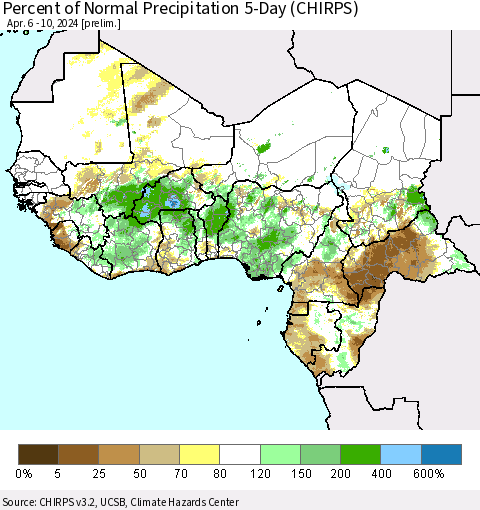 Western Africa Percent of Normal Precipitation 5-Day (CHIRPS) Thematic Map For 4/6/2024 - 4/10/2024