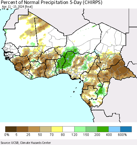 Western Africa Percent of Normal Precipitation 5-Day (CHIRPS) Thematic Map For 4/11/2024 - 4/15/2024
