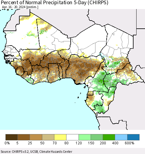 Western Africa Percent of Normal Precipitation 5-Day (CHIRPS) Thematic Map For 4/16/2024 - 4/20/2024