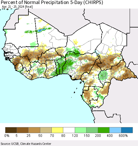 Western Africa Percent of Normal Precipitation 5-Day (CHIRPS) Thematic Map For 4/21/2024 - 4/25/2024