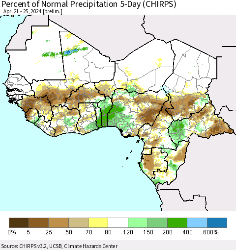 Western Africa Percent of Normal Precipitation 5-Day (CHIRPS) Thematic Map For 4/21/2024 - 4/25/2024