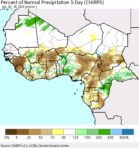 Western Africa Percent of Normal Precipitation 5-Day (CHIRPS) Thematic Map For 4/26/2024 - 4/30/2024