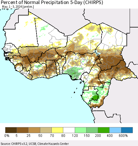 Western Africa Percent of Normal Precipitation 5-Day (CHIRPS) Thematic Map For 5/1/2024 - 5/5/2024