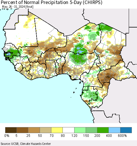Western Africa Percent of Normal Precipitation 5-Day (CHIRPS) Thematic Map For 5/26/2024 - 5/31/2024