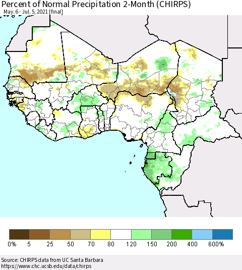 Western Africa Percent of Normal Precipitation 2-Month (CHIRPS) Thematic Map For 5/6/2021 - 7/5/2021