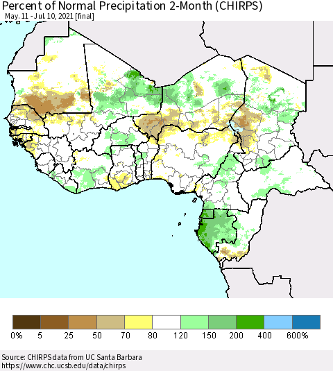 Western Africa Percent of Normal Precipitation 2-Month (CHIRPS) Thematic Map For 5/11/2021 - 7/10/2021