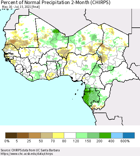 Western Africa Percent of Normal Precipitation 2-Month (CHIRPS) Thematic Map For 5/16/2021 - 7/15/2021