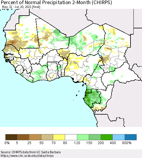 Western Africa Percent of Normal Precipitation 2-Month (CHIRPS) Thematic Map For 5/21/2021 - 7/20/2021