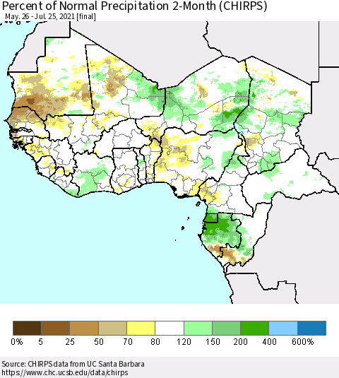 Western Africa Percent of Normal Precipitation 2-Month (CHIRPS) Thematic Map For 5/26/2021 - 7/25/2021