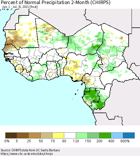 Western Africa Percent of Normal Precipitation 2-Month (CHIRPS) Thematic Map For 6/1/2021 - 7/31/2021