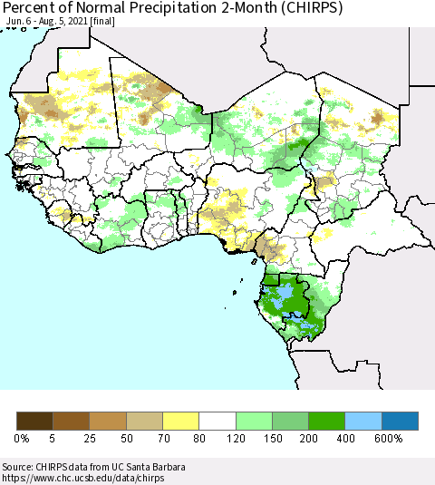 Western Africa Percent of Normal Precipitation 2-Month (CHIRPS) Thematic Map For 6/6/2021 - 8/5/2021