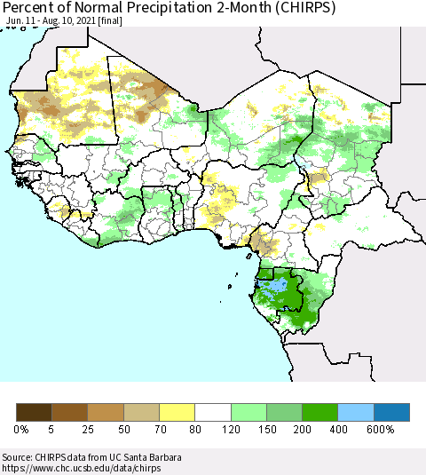 Western Africa Percent of Normal Precipitation 2-Month (CHIRPS) Thematic Map For 6/11/2021 - 8/10/2021