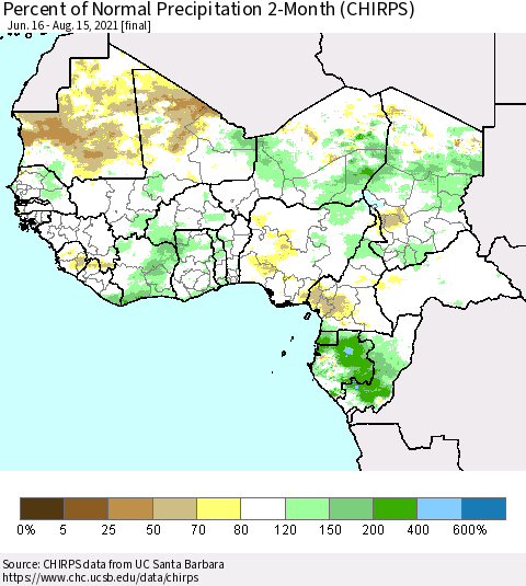 Western Africa Percent of Normal Precipitation 2-Month (CHIRPS) Thematic Map For 6/16/2021 - 8/15/2021