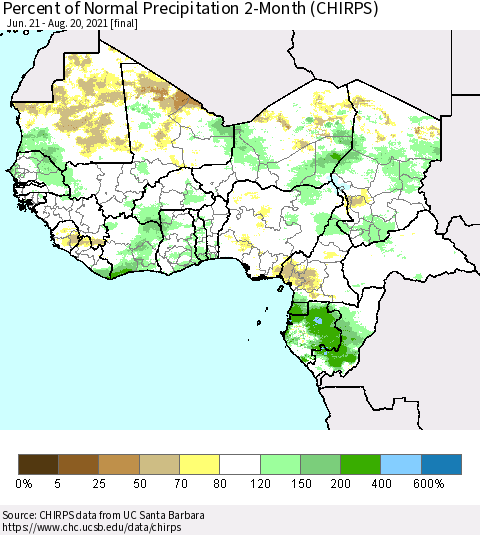 Western Africa Percent of Normal Precipitation 2-Month (CHIRPS) Thematic Map For 6/21/2021 - 8/20/2021
