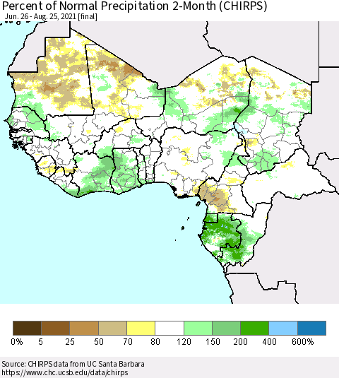 Western Africa Percent of Normal Precipitation 2-Month (CHIRPS) Thematic Map For 6/26/2021 - 8/25/2021