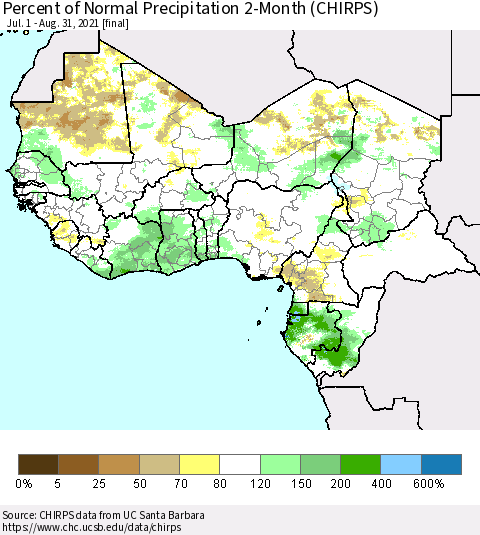 Western Africa Percent of Normal Precipitation 2-Month (CHIRPS) Thematic Map For 7/1/2021 - 8/31/2021