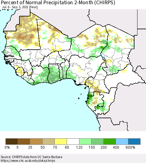 Western Africa Percent of Normal Precipitation 2-Month (CHIRPS) Thematic Map For 7/6/2021 - 9/5/2021