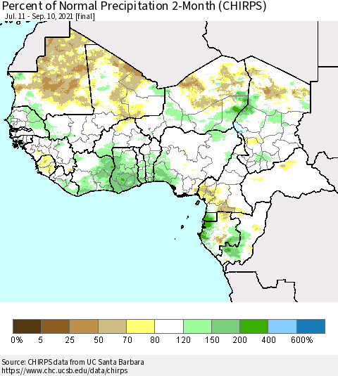 Western Africa Percent of Normal Precipitation 2-Month (CHIRPS) Thematic Map For 7/11/2021 - 9/10/2021
