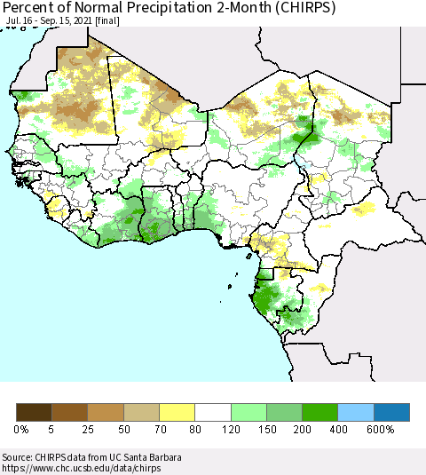Western Africa Percent of Normal Precipitation 2-Month (CHIRPS) Thematic Map For 7/16/2021 - 9/15/2021