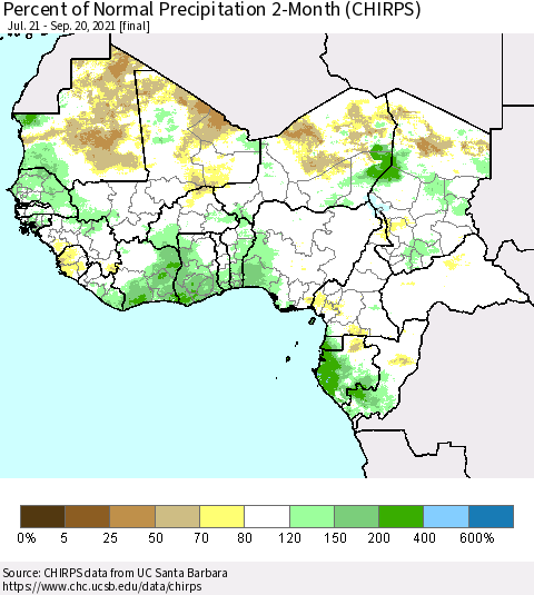 Western Africa Percent of Normal Precipitation 2-Month (CHIRPS) Thematic Map For 7/21/2021 - 9/20/2021