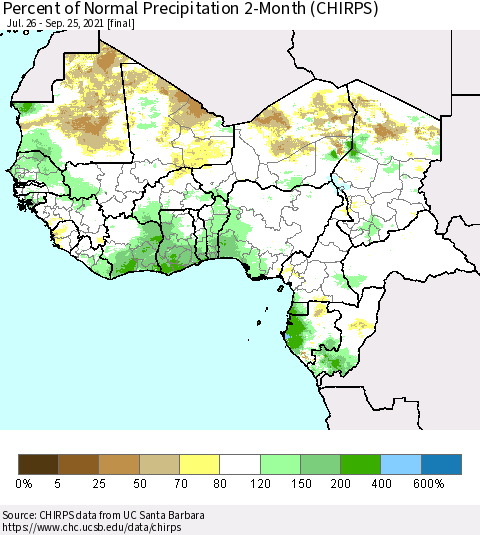 Western Africa Percent of Normal Precipitation 2-Month (CHIRPS) Thematic Map For 7/26/2021 - 9/25/2021