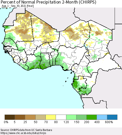 Western Africa Percent of Normal Precipitation 2-Month (CHIRPS) Thematic Map For 8/1/2021 - 9/30/2021