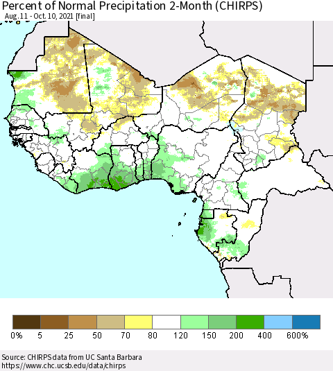 Western Africa Percent of Normal Precipitation 2-Month (CHIRPS) Thematic Map For 8/11/2021 - 10/10/2021
