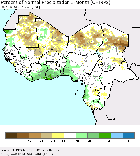 Western Africa Percent of Normal Precipitation 2-Month (CHIRPS) Thematic Map For 8/16/2021 - 10/15/2021