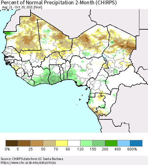 Western Africa Percent of Normal Precipitation 2-Month (CHIRPS) Thematic Map For 8/21/2021 - 10/20/2021