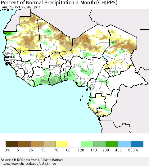 Western Africa Percent of Normal Precipitation 2-Month (CHIRPS) Thematic Map For 8/26/2021 - 10/25/2021