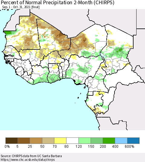 Western Africa Percent of Normal Precipitation 2-Month (CHIRPS) Thematic Map For 9/1/2021 - 10/31/2021