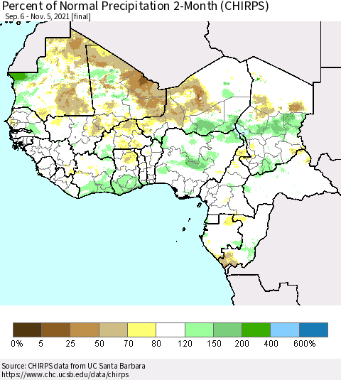 Western Africa Percent of Normal Precipitation 2-Month (CHIRPS) Thematic Map For 9/6/2021 - 11/5/2021